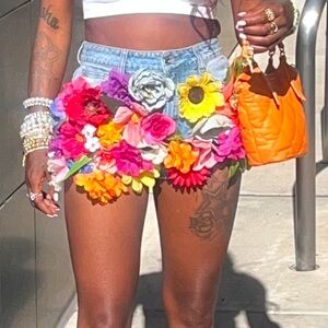 Floral Embellished Denim Cutoff Shorts - Multicolor Flowers